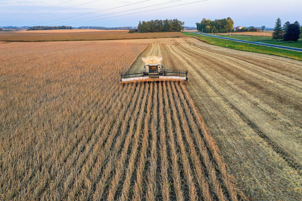 Drone shot capturing a combine harvester harvesting soybeans in a rural Minnesota farm field.